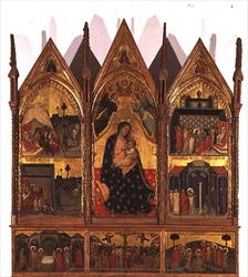 Drieluik: Madonna en Kind op de Troon geflankeerd door scènes uit het leven van St. Bartholomeus met een predella paneel van scènes uit het leven van Christus, School van de Marches