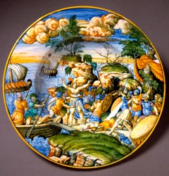 Trojaanse Oorlog: de ontvoering van Helena. Keramische schotel uit Urbino, Italië. Omstreeks 1550. Museo Nazionale del Bargello, Florence, Italië