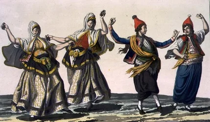 Twee vrouwelijke en twee mannelijke dansers, plaat 62 uit Deel III, Deel I van ‘De geschiedenis van de naties’, gegraveerd door V. Raineri