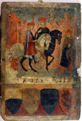 Twee belastinginspecteurs. Biccherna (omslag van het boekhoudregister van de stad Siena). Rijksarchief - Museo delle Tavolette di Biccherna, Siena. Eind 14e - begin 15e eeuw.