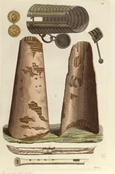 Verschillende Viking artefacten: bronzen armband, gouden medaille met runenalfabet, schilden, fluiten. Illustratie door V. Raineri uit 