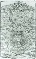 Zicht vanuit het noorden op de Azteekse stad Tenochtitlan, uit Relatione della Citta del Temistitan door Giovanni Battista Ramusio (1485-1557) gepubliceerd in Venetië 1606
