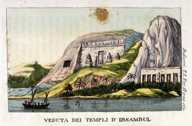 Uitzicht op de tempel van Abu Simbel. De auteur Giovanni Battista (Gianbattista) Belzoni (1778-1823), is een Italiaanse ontdekkingsreiziger en archeoloog, die belangrijke archeologische ontdekkingen deed in Egypte. Gravure - in “Viaggio in Egitto e in Nubi