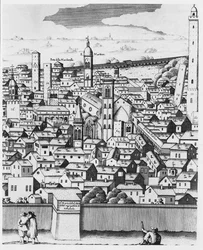 Zicht op Bologna (gravure)