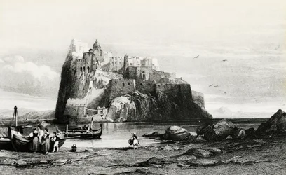 Uitzicht op het eiland Ischia, gravure, Italië