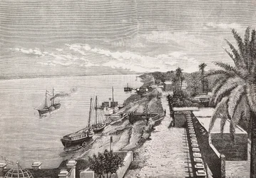 Uitzicht op Khartoem langs de Blauwe Nijl, Soedan, gravure door Cairoli naar foto van Buchta, uit L