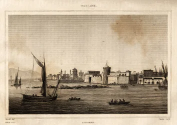 Uitzicht op Livorno in Toscane. Gravure door Storetti in Italië pittoresk, Amable Coste redacteur, Parijs
