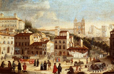 Uitzicht op Piazza di Spagna, met de kerk Trinita dei Monti in Rome