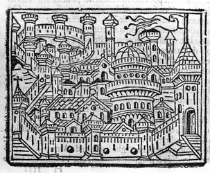 Zicht op de stad Aosta in Italië. Gravure in 