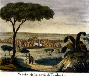 Uitzicht op de stad Timboektoe in Mali in de 19e eeuw