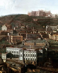 Gezicht op het oude gerechtsgebouw dat is veranderd in een paleis met hangende tuinen in Napels, anoniem, 18e eeuw, Napels, Museo Nazionale di San Martino
