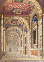 Uitzicht op de tweede verdieping Loggia in het Vaticaan, met decoratie door Raphael, uit Delle Loggie di Rafaele nel Vaticano, gepubliceerd als losse bladzijde in de editie van 1814