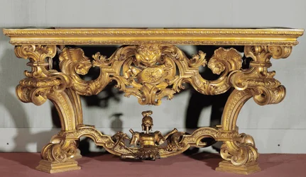 Wandtafel met albasten blad gemaakt door een Genuese kunstenaar (18e eeuw) gesneden in verguld hout