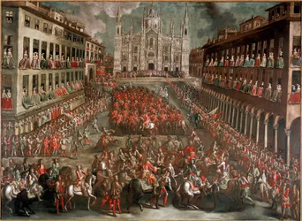 Oorlog van de Spaanse Successie: Feesten georganiseerd om de intocht in Milaan van Prins Eugenio di Savoia te vieren na de slag bij Turijn op 24/09/1706
