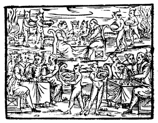 Heksen en tovenaars feestend op de sabbat, illustratie uit Compendium Maleficarum door Francesco Maria Guazzo, 1608
