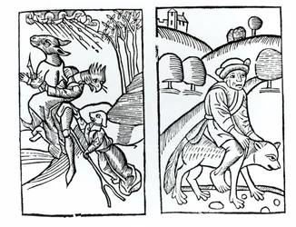 Heksen vermomd als dieren die op een bezemsteel rijden (links) en mannelijke heks die op een wolf rijdt (rechts), kopieën van illustraties uit Compendium Maleficarum door Fr M Guaccius, Milaan 1608, gebruikt in History of Magic