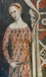 Vrouw tekent een kleed met een geometrisch patroon, begin 15e eeuw (fresco)