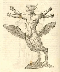 Illustratie van Monstrum tetrachiron alatum capite humano aurito uit Aldrovandi