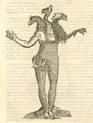 Illustratie van Monstrum triceps capite Vulpis, Draconis, & Aquilae uit Aldrovandis Geschiedenis van Monsters, 1642