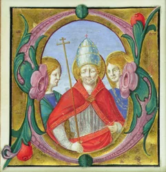 Geïllustreerde initiaal S die St. Gregorius en twee heiligen toont