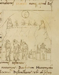 Ms.LAT.446 fol.2v De wijzen bestuderen de beweging van de sterren om de exacte datum van Pasen te bepalen, uit Ortopascha door de Pelgrim Priscian