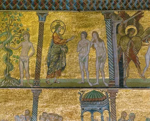 De zondeval. God verrast Adam en Eva in de Tuin. (mozaïek)