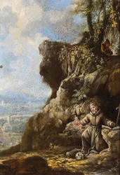 Franciscus in extase bij een rots, een landschap erachter (olieverf op koper)