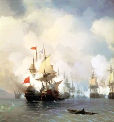 Russisch: "Slag in de Straat van Chios op 24 juni 1770 " Slag bij Chios op 24 juni 1770
