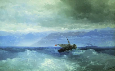 Russisch: "Kaukasusgebergte vanaf de zee" Kaukasusgebergte vanaf de zee