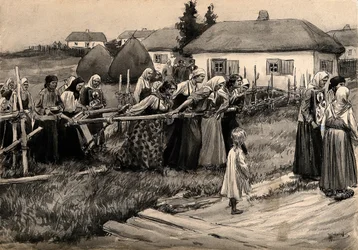 Een religieuze cholera-processie op het platteland van Rusland uit de serie aquarellen Russische revolutie