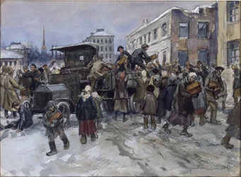 Hongerende arbeiders in Petrograd beroven een militaire vrachtwagen van brood