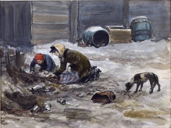 Hongersjaren in Petrograd (Naar de natuur getekend) door Vladimirov, Ivan Alexeyevich (1869-1947). Aquarel, Gouache op Papier