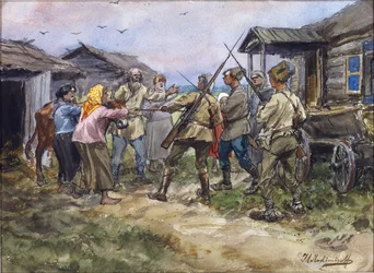 Vordering van vee voor het Rode Leger in een dorp nabij Luga