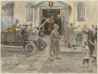 Inbeslagname van de kerkschatten in Petrograd op 5 mei 1922 uit de aquarellenreeks Rusland
