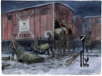 Soldaten die een spoorwegwagon plunderen (uit de serie aquarellen Russische revolutie)