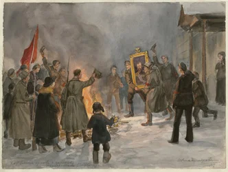 Soldaten die schilderijen verbranden (uit de serie aquarellen Russische revolutie)
