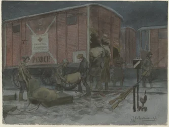 Soldaten plunderen een spoorwegwagon uit de serie aquarellen Russische revolutie, 1922