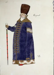 Kostuumontwerp voor de opera De gouden haan van Nikolaj Rimski-Korsakov (1844-1908), tekening van Ivan Jakovlevitsj Bilibin (1876-1942)