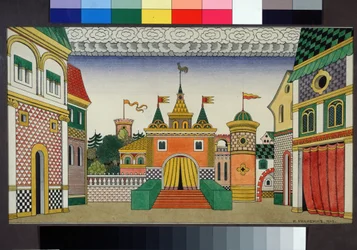 Voorbereidende tekening voor het decor van de opera De gouden haan van Nikolaj Rimski-Korsakov (1844-1908)