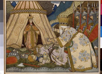 Illustratie voor het sprookje „De gouden haan“ van Aleksandr Poesjkin (1799-1837). Illustratie van Ivan Jakovlevitsj Bilibin (Bilibine) (1876-1942).