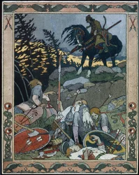 Illustratie voor het sprookje Maria van de zeeën. Prins Ivan ontdekt het leger dat door Maria Morevna, de krijgskoningin, is verslagen. Werk van Ivan Yakovlevich Bilibin (Bilibine) (1876-1942), aquarel en inkt op papier