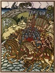 Volga Sviatoslavich (Vseslav van Polotsk (ca. 1039-1101), grootvorst van Kiev van 1068 tot 1069) en Mikula Selyaninovich (?). Werk van Ivan Yakovlevich Bilibin (1876-1942), lithografie