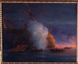 Russisch-Turkse Oorlog van 1877-1878: de aanval van Russische zeilboten op het Turkse pantserschip Assari Shevket in de Zwarte Zee op 12 augustus 1877