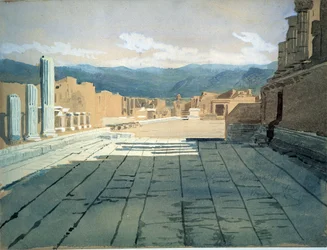 Pompeii. Zicht op het forum van de Romeinse ruïnes in de baai van Napels, voor de Vesuvius. Werk van Ivan Nikolayevich Kramskoi (1837-1887), aquarel op papier