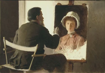 Kramskoy schildert een portret van zijn dochter, 1884