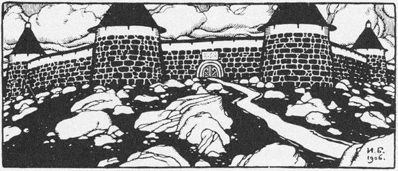 Illustratie voor het Gedicht Walls Of Cain door Vyacheslav Ivanov. Adskaya Pochta Hells Mail tijdschrift