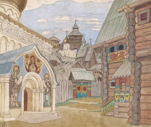 Russisch dorp. Decorontwerp voor de opera Het verhaal van Tsaar Saltan door N. Rimsky-Korsakov