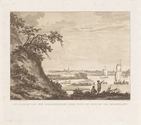 Weids landschap met twee figuren en zeilschepen