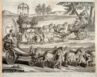 De wagen van Apollo - Uit het album "Masque royal" (Mascara real) - Gravure op koper door A J De Fehrt (Defehrt) (1723-1774)