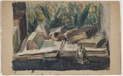 Stilleven met boeken, pijp en figuur